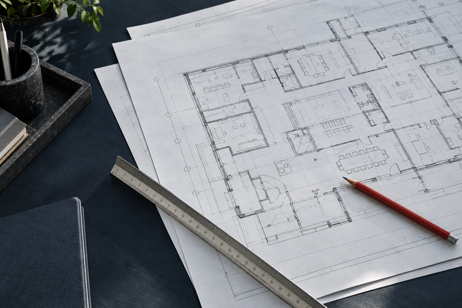 Architectural drawing sheets, a red pencil, and a drafting scale on a navy desk